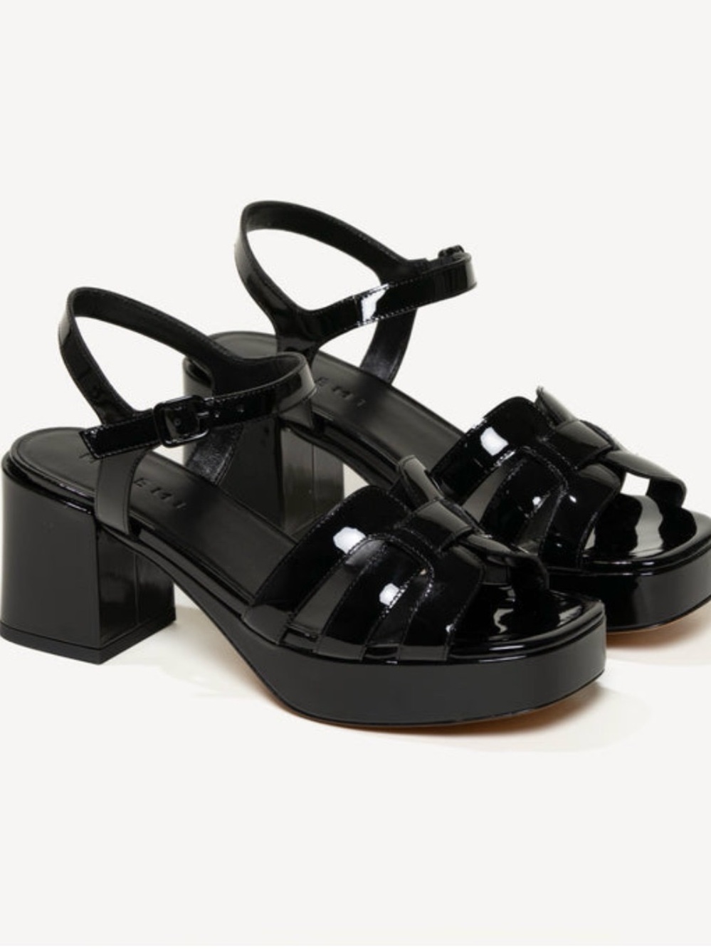 M. Gemi Glossy Black Patent Platform Heeled Sandals with Ankle Strap